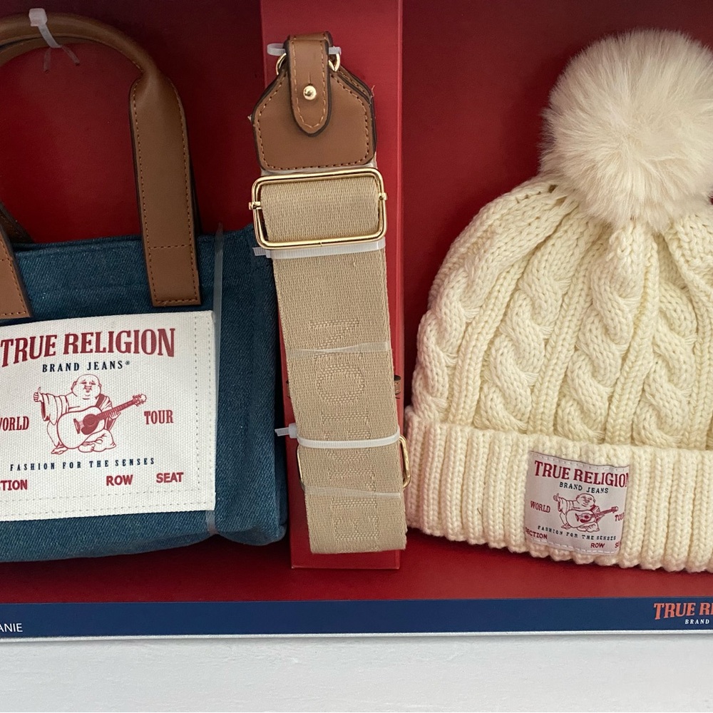 TRUE RELIGION Denim Mini Tote Bag Shoulder Strap Knit Hat Gift Set NEW